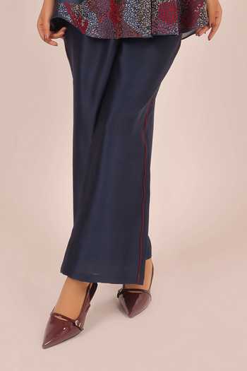Shop_Myra Clothing Line_Blue Chanderi Mandarin Collar, Yes Embroidered Short Kurta And Pant Set _Online_at_Aza_Fashions