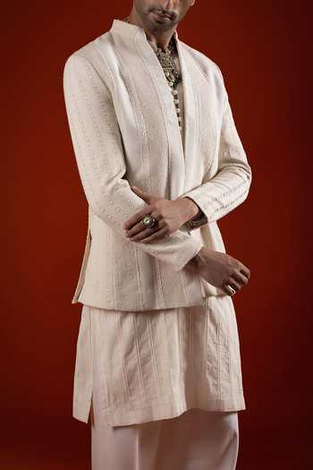 Shop Sanchit Sharma Ivory Silk, Cotton Layered Kurta And Jacket Set Online at Aza Fashions Shop_Sanchit Sharma_Ivory Silk, Cotton Layered Kurta And Jacket Set _Online_at_Aza_Fashions