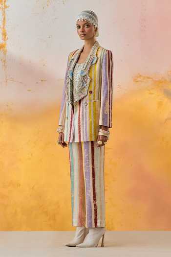 Aseem Kapoor Multi Color Net, Silk Beads, Embroidery Noori Stripe Print Jacket Skirt Set at Aza Fashions Aseem Kapoor_Multi Color Net, Silk Beads, Embroidery Noori Stripe Print Jacket Skirt Set _at_Aza_Fashions