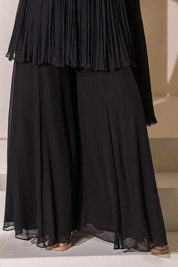 Rasasvada Black Silk, Georgette, Dupion V-neck Gathered Embellished Tunic Sharara Set Online at Aza Fashions Rasasvada_Black Silk, Georgette, Dupion V-neck Gathered Embellished Tunic Sharara Set _Online_at_Aza_Fashions