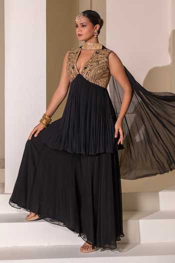 Buy Rasasvada Black Silk, Georgette, Dupion V-neck Gathered Embellished Tunic Sharara Set Online at Aza Fashions Buy_Rasasvada_Black Silk, Georgette, Dupion V-neck Gathered Embellished Tunic Sharara Set _Online_at_Aza_Fashions