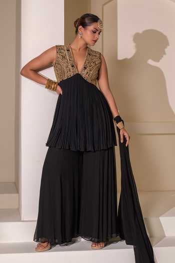 Shop Rasasvada Black Silk, Georgette, Dupion V-neck Gathered Embellished Tunic Sharara Set Online at Aza Fashions Shop_Rasasvada_Black Silk, Georgette, Dupion V-neck Gathered Embellished Tunic Sharara Set _Online_at_Aza_Fashions