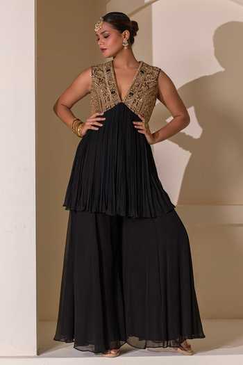 Rasasvada Black Silk, Georgette, Dupion V-neck Gathered Embellished Tunic Sharara Set at Aza Fashions Rasasvada_Black Silk, Georgette, Dupion V-neck Gathered Embellished Tunic Sharara Set _at_Aza_Fashions