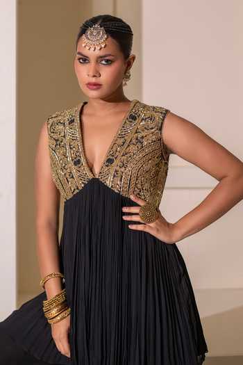 Buy Rasasvada Black Silk, Georgette, Dupion V-neck Gathered Embellished Tunic Sharara Set Buy_Rasasvada_Black Silk, Georgette, Dupion V-neck Gathered Embellished Tunic Sharara Set