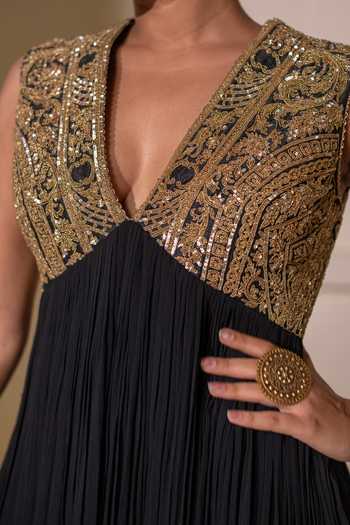 Shop Rasasvada Black Silk, Georgette, Dupion V-neck Gathered Embellished Tunic Sharara Set Shop_Rasasvada_Black Silk, Georgette, Dupion V-neck Gathered Embellished Tunic Sharara Set