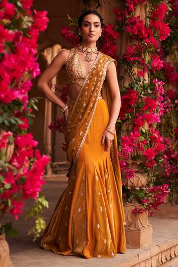 Reeti Arneja Pre-Draped Saree With Tribal Embroidered Blouse 