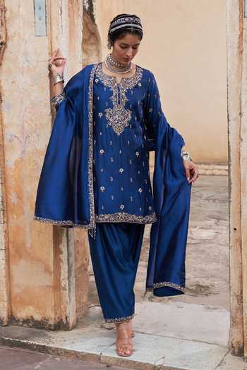 Buy Pink City By Sarika Blue Silk, Tissue, Chanderi Embroidery, Tassels Kairi Thread Kurta And Salwar Set at Aza Fashions Buy_Pink City By Sarika_Blue Silk, Tissue, Chanderi Embroidery, Tassels Kairi Thread Kurta And Salwar Set _at_Aza_Fashions