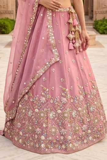 Buy_Samyukta Singhania_Pink Tissue V-neck Embroidered Lehenga Set _Online_at_Aza_Fashions