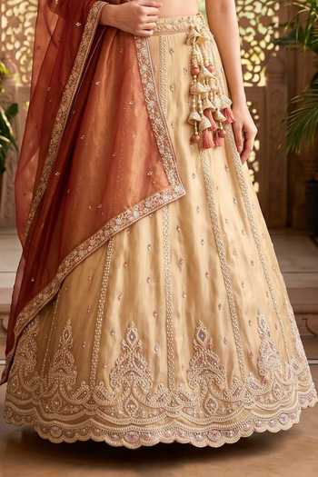 Buy_Samyukta Singhania_Cream Tissue Leaf Neck Hand Embroidered Lehenga Set _Online_at_Aza_Fashions