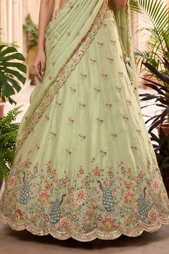 Samyukta Singhania Green Organza Leaf Neck Hand Embroidered Lehenga Set Online at Aza Fashions Samyukta Singhania_Green Organza Leaf Neck Hand Embroidered Lehenga Set _Online_at_Aza_Fashions