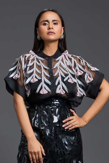 Buy Deepika Arora Black Organza, Leather, Ponte Roma Laser-cut Skirt Buy_Deepika Arora_Black Organza, Leather, Ponte Roma Laser-cut Skirt