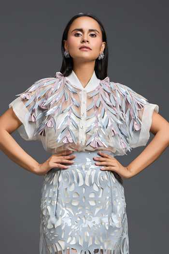 Shop Deepika Arora White Organza, Leather, Ponte Roma Sheer Embroidered Blouse With Bustier Online at Aza Fashions Shop_Deepika Arora_White Organza, Leather, Ponte Roma Sheer Embroidered Blouse With Bustier _Online_at_Aza_Fashions