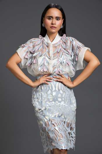 Deepika Arora White Organza, Leather, Ponte Roma Sheer Embroidered Blouse With Bustier at Aza Fashions Deepika Arora_White Organza, Leather, Ponte Roma Sheer Embroidered Blouse With Bustier _at_Aza_Fashions
