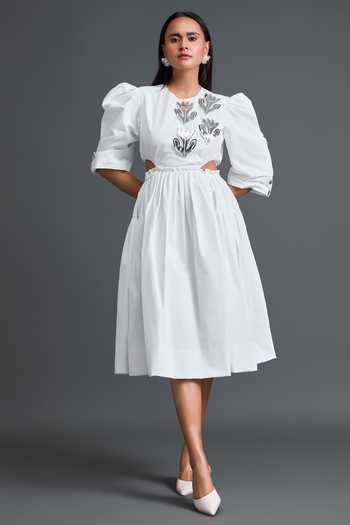 Deepika Arora White Leather Round Neck Parachute Midi Dress Online at Aza Fashions Deepika Arora_White Leather Round Neck Parachute Midi Dress _Online_at_Aza_Fashions