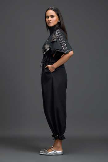 Buy Deepika Arora Black Leather High Neck Metallic Floral Patch Jumpsuit Online at Aza Fashions Buy_Deepika Arora_Black Leather High Neck Metallic Floral Patch Jumpsuit _Online_at_Aza_Fashions
