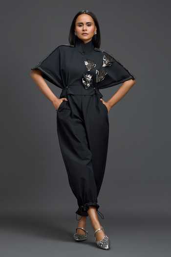 Shop Deepika Arora Black Leather High Neck Metallic Floral Patch Jumpsuit Online at Aza Fashions Shop_Deepika Arora_Black Leather High Neck Metallic Floral Patch Jumpsuit _Online_at_Aza_Fashions