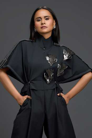Deepika Arora Black Leather High Neck Metallic Floral Patch Jumpsuit at Aza Fashions Deepika Arora_Black Leather High Neck Metallic Floral Patch Jumpsuit _at_Aza_Fashions