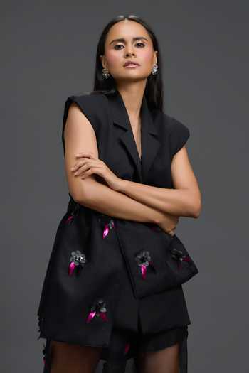 Shop Deepika Arora Black Organza, Ponte Roma, Leather Collared Neck Jacket Shorts And Sheer Pant Set Online at Aza Fashions Shop_Deepika Arora_Black Organza, Ponte Roma, Leather Collared Neck Jacket Shorts And Sheer Pant Set _Online_at_Aza_Fashions