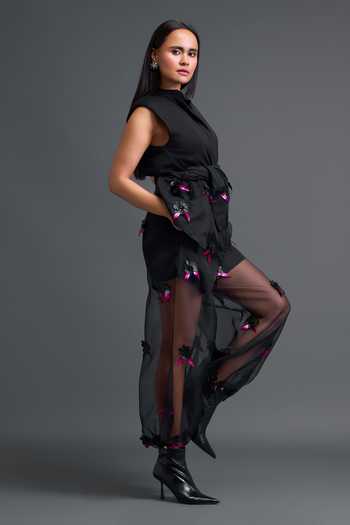Buy Deepika Arora Black Organza, Faux Leather 3d Flower Embellished Pant With Belt Buy_Deepika Arora_Black Organza, Faux Leather 3d Flower Embellished Pant With Belt