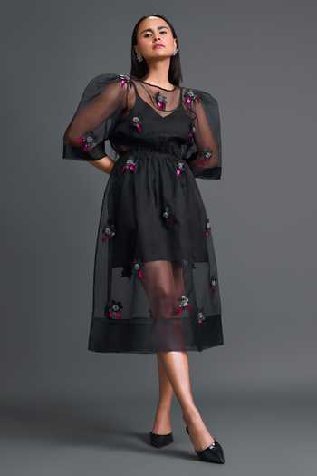 Deepika Arora Black Organza, Ponte Roma Round Neck 3d Floral Embellished Dress Online at Aza Fashions Deepika Arora_Black Organza, Ponte Roma Round Neck 3d Floral Embellished Dress _Online_at_Aza_Fashions