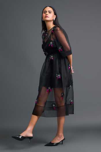 Buy Deepika Arora Black Organza, Ponte Roma Round Neck 3d Floral Embellished Dress Online at Aza Fashions Buy_Deepika Arora_Black Organza, Ponte Roma Round Neck 3d Floral Embellished Dress _Online_at_Aza_Fashions