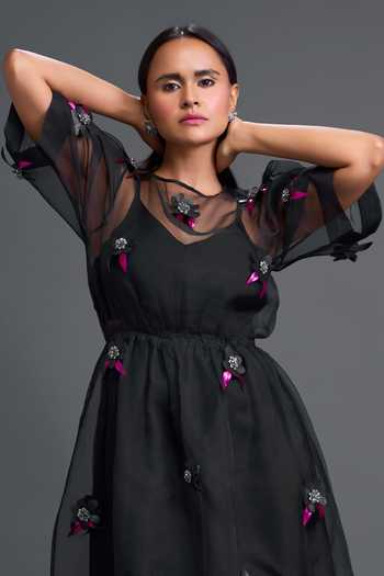 Shop Deepika Arora Black Organza, Ponte Roma Round Neck 3d Floral Embellished Dress Online at Aza Fashions Shop_Deepika Arora_Black Organza, Ponte Roma Round Neck 3d Floral Embellished Dress _Online_at_Aza_Fashions