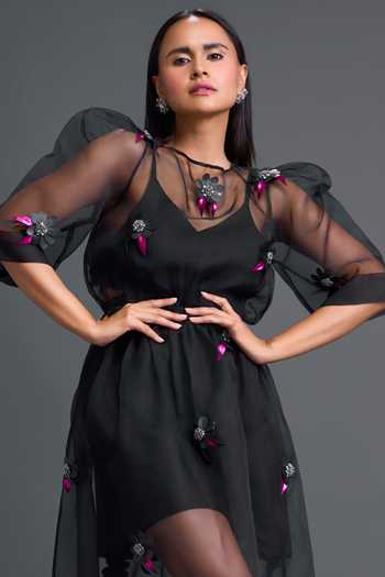 Deepika Arora Black Organza, Ponte Roma Round Neck 3d Floral Embellished Dress at Aza Fashions Deepika Arora_Black Organza, Ponte Roma Round Neck 3d Floral Embellished Dress _at_Aza_Fashions