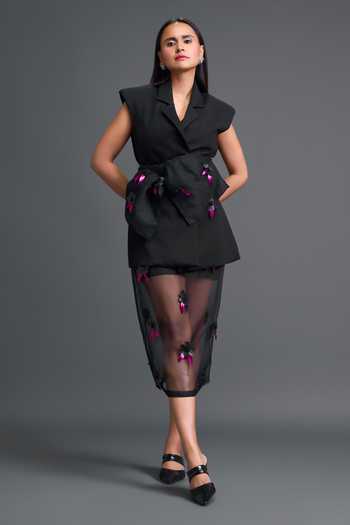 Deepika Arora Black Organza, Ponte Roma Structured Blazer And Sheer Skirt Set Online at Aza Fashions Deepika Arora_Black Organza, Ponte Roma Structured Blazer And Sheer Skirt Set _Online_at_Aza_Fashions