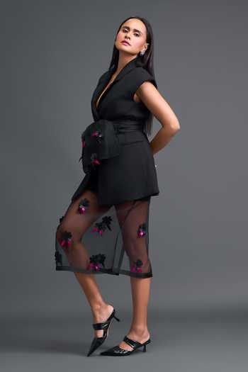 Shop Deepika Arora Black Organza, Ponte Roma Structured Blazer And Sheer Skirt Set Online at Aza Fashions Shop_Deepika Arora_Black Organza, Ponte Roma Structured Blazer And Sheer Skirt Set _Online_at_Aza_Fashions
