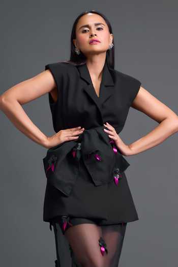 Buy Deepika Arora Black Organza, Ponte Roma Structured Blazer And Sheer Skirt Set Buy_Deepika Arora_Black Organza, Ponte Roma Structured Blazer And Sheer Skirt Set