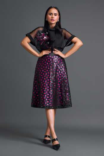Deepika Arora Black Organza, Leather, Ponte Roma Halter Neck Embroidered Top Skirt Set Online at Aza Fashions Deepika Arora_Black Organza, Leather, Ponte Roma Halter Neck Embroidered Top Skirt Set _Online_at_Aza_Fashions