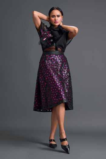 Buy Deepika Arora Black Organza, Leather, Ponte Roma Halter Neck Embroidered Top Skirt Set Online at Aza Fashions Buy_Deepika Arora_Black Organza, Leather, Ponte Roma Halter Neck Embroidered Top Skirt Set _Online_at_Aza_Fashions