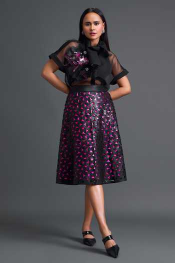 Deepika Arora Black Organza, Leather, Ponte Roma Halter Neck Embroidered Top Skirt Set at Aza Fashions Deepika Arora_Black Organza, Leather, Ponte Roma Halter Neck Embroidered Top Skirt Set _at_Aza_Fashions