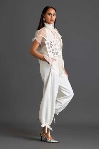Deepika Arora White Organza, Ponte Roma High Neck Structured Sheer Layered Top And Pant Set Online at Aza Fashions Deepika Arora_White Organza, Ponte Roma High Neck Structured Sheer Layered Top And Pant Set _Online_at_Aza_Fashions
