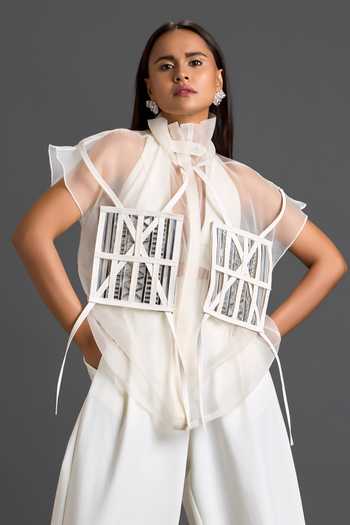 Shop Deepika Arora White Organza, Ponte Roma High Neck Structured Sheer Layered Top And Pant Set Online at Aza Fashions Shop_Deepika Arora_White Organza, Ponte Roma High Neck Structured Sheer Layered Top And Pant Set _Online_at_Aza_Fashions