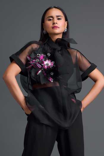 Buy Deepika Arora Black Organza, Ponte Roma Halter , High Top And Pant Set Buy_Deepika Arora_Black Organza, Ponte Roma Halter , High Top And Pant Set
