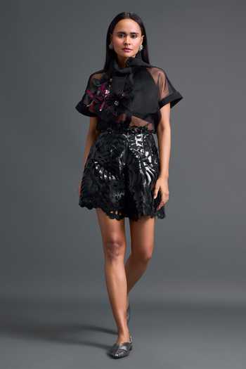 Deepika Arora Glossy Laser-Cut Pencil Shorts 