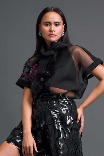 Deepika Arora Black Organza, Leather Glossy Laser-cut Pencil Shorts at Aza Fashions Deepika Arora_Black Organza, Leather Glossy Laser-cut Pencil Shorts _at_Aza_Fashions