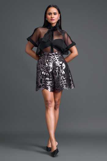 Deepika Arora Grey Organza, Leather, Ponte Roma Laser Cut High-waist Cutwork Shorts Online at Aza Fashions Deepika Arora_Grey Organza, Leather, Ponte Roma Laser Cut High-waist Cutwork Shorts _Online_at_Aza_Fashions