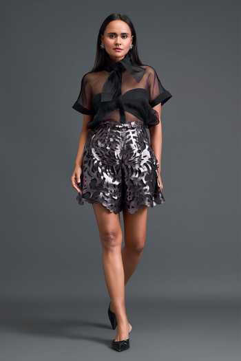 Deepika Arora Grey Organza, Leather, Ponte Roma Laser Cut High-waist Cutwork Shorts at Aza Fashions Deepika Arora_Grey Organza, Leather, Ponte Roma Laser Cut High-waist Cutwork Shorts _at_Aza_Fashions