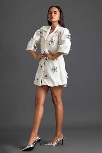 Shop Deepika Arora White Ponte Roma, Leather Collared Neck 3d Floral Embellished Blazer Dress Online at Aza Fashions Shop_Deepika Arora_White Ponte Roma, Leather Collared Neck 3d Floral Embellished Blazer Dress _Online_at_Aza_Fashions