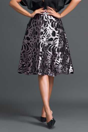 Deepika Arora Silver Organza, Leather Laser-cut A Line Midi Skirt at Aza Fashions Deepika Arora_Silver Organza, Leather Laser-cut A Line Midi Skirt _at_Aza_Fashions