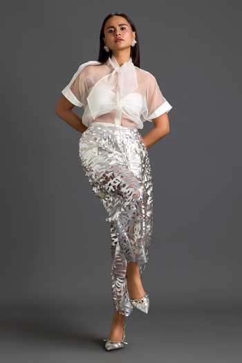 Buy_Deepika Arora_White Organza, Leather, Ponte Roma Halter , Bandeau Laser-cut Pant Set _Online_at_Aza_Fashions