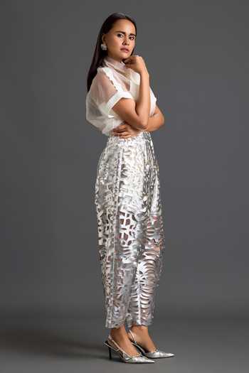 Shop_Deepika Arora_White Organza, Leather, Ponte Roma Halter , Bandeau Laser-cut Pant Set _Online_at_Aza_Fashions