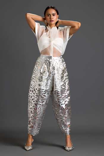 Deepika Arora_White Organza, Leather, Ponte Roma Halter , Bandeau Laser-cut Pant Set _at_Aza_Fashions
