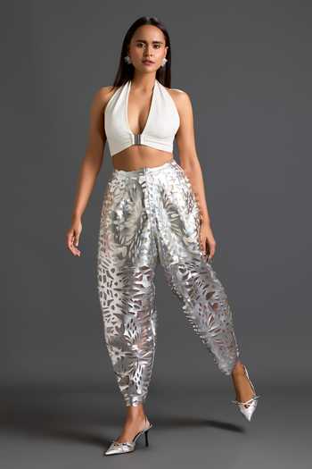 Deepika Arora Silver Organza, Faux Leather Laser-cut Pant Online at Aza Fashions Deepika Arora_Silver Organza, Faux Leather Laser-cut Pant _Online_at_Aza_Fashions