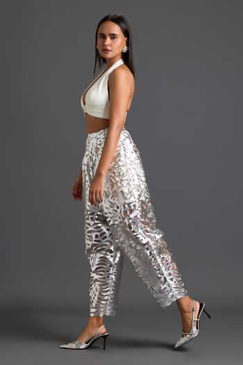 Shop Deepika Arora Silver Organza, Faux Leather Laser-cut Pant Online at Aza Fashions Shop_Deepika Arora_Silver Organza, Faux Leather Laser-cut Pant _Online_at_Aza_Fashions