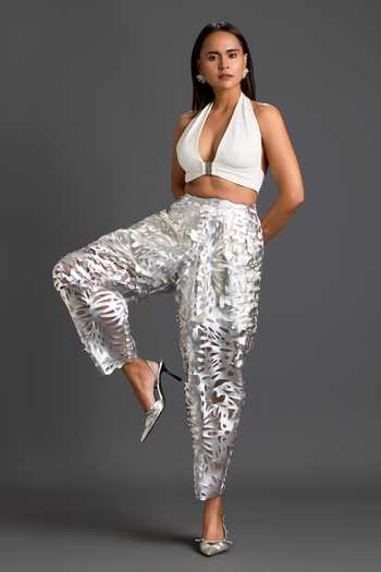 Deepika Arora Silver Organza, Faux Leather Laser-cut Pant at Aza Fashions Deepika Arora_Silver Organza, Faux Leather Laser-cut Pant _at_Aza_Fashions