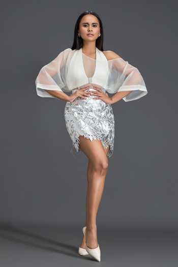 Buy Deepika Arora White Organza, Leather, Ponte Roma Halter Neck, Sheer Top And Skirt Set Online at Aza Fashions Buy_Deepika Arora_White Organza, Leather, Ponte Roma Halter Neck, Sheer Top And Skirt Set _Online_at_Aza_Fashions