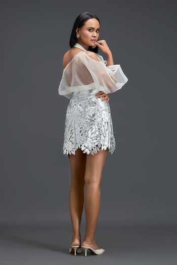 Shop Deepika Arora White Organza, Leather, Ponte Roma Halter Neck, Sheer Top And Skirt Set at Aza Fashions Shop_Deepika Arora_White Organza, Leather, Ponte Roma Halter Neck, Sheer Top And Skirt Set _at_Aza_Fashions